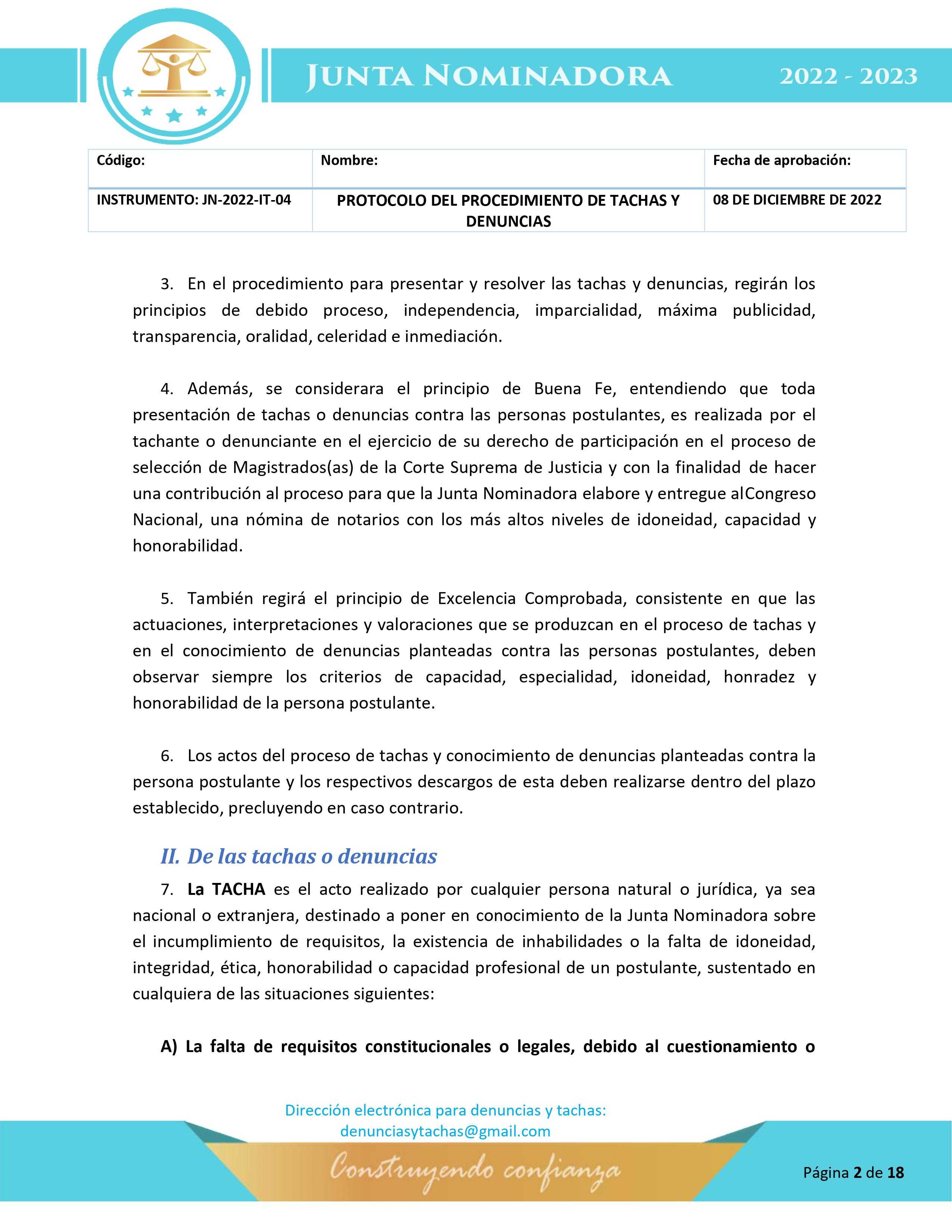 Protocolo para la etapa de tachas y denuncias